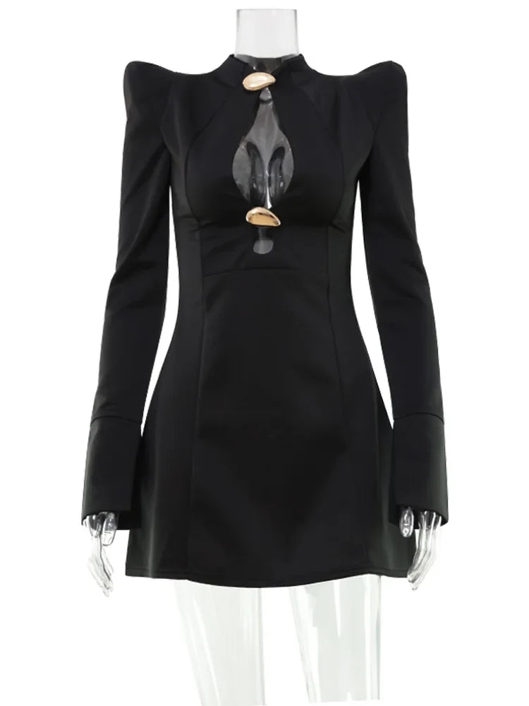 Ahagaga Elegant Women's Mini Dresses Solid Sexy Bodycon Slim Fit Hollow Out Regular Long Flare Sleeve A Line Trend Casual Female
