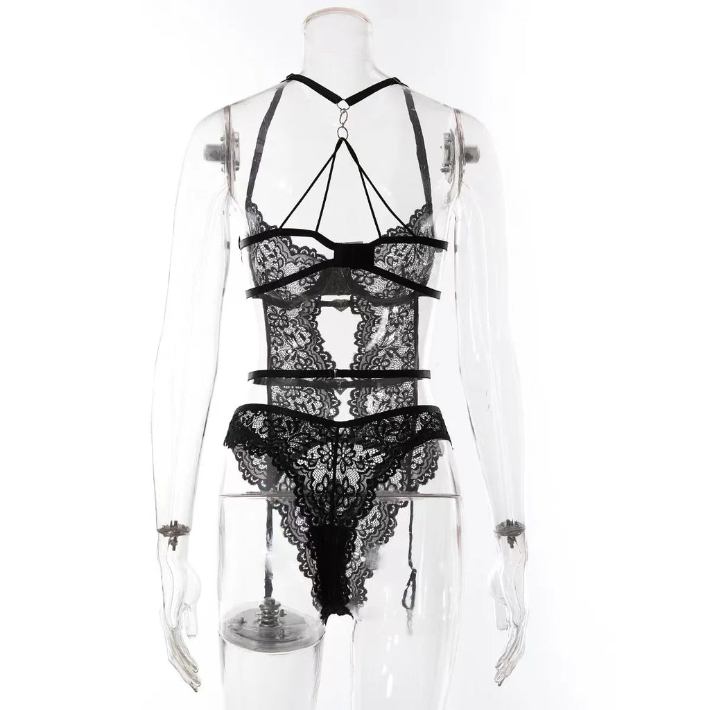 Sexy lingerie European and American Internet celebrity pure desire see-through mesh splicing sexy lace jumpsuit