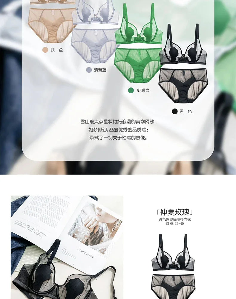 Parisian-Inspired Sheer Bralette Rabbit Cup Push-Up Bra Set Big Bust Support with Anti-Protrusion Padding Summer Thin Steel Ring