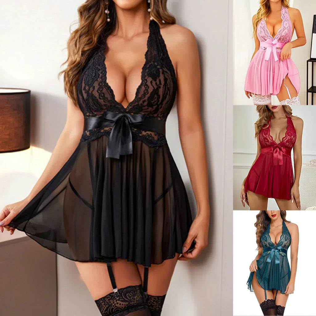 Chemises Baby Doll Sexy Dress Luxury Black Color Women Sexy Lingerie Garter Bra and Panties Sets Nightwear Sleepwear