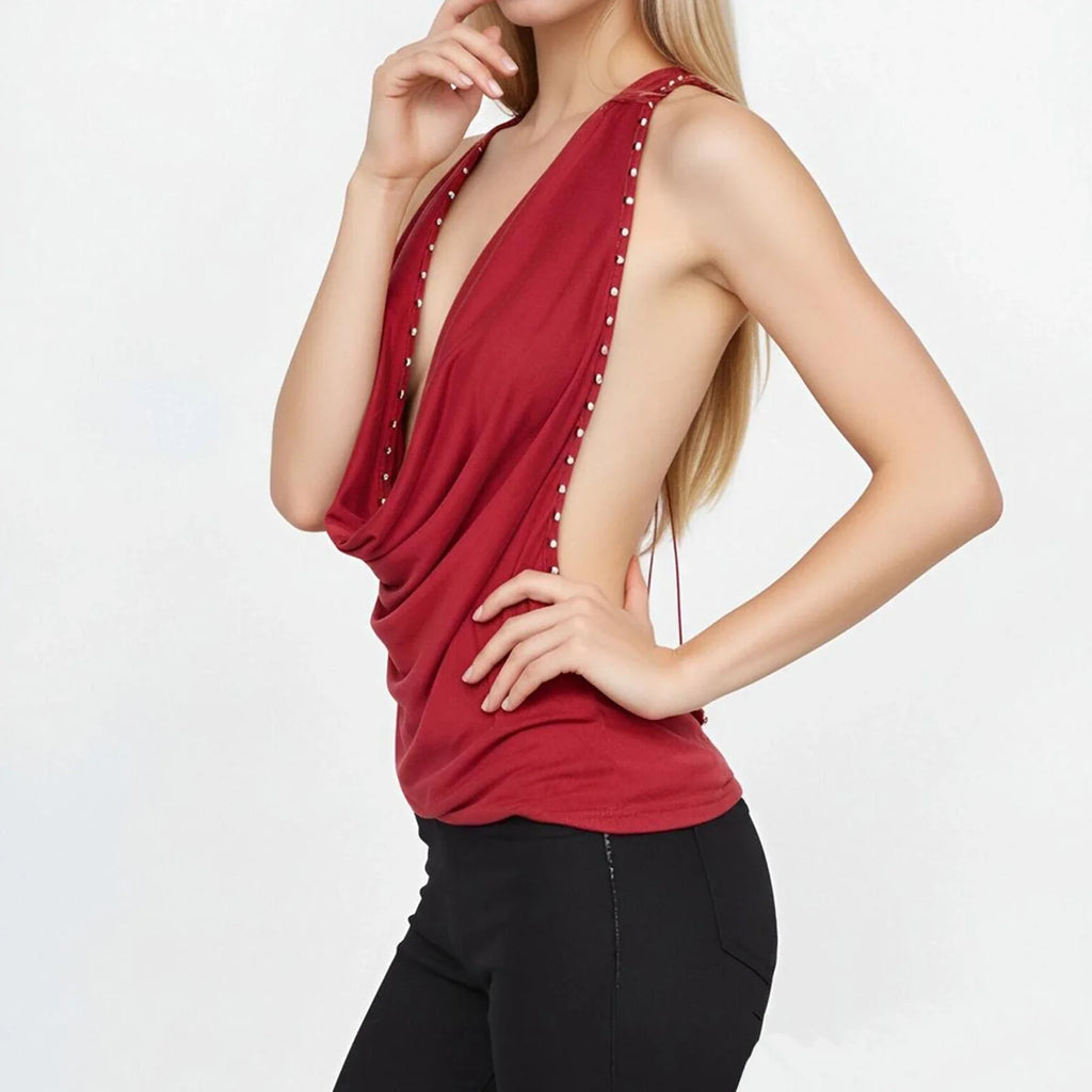 Women’s Summer Solid Color Studded Halter Tank Tops Fashionable Slim Fit Cowl Neck Backless Vest