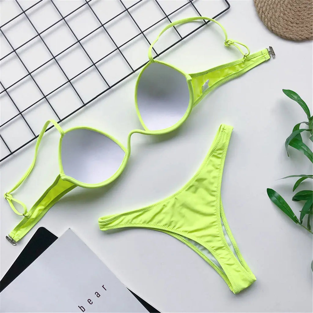 New Sexy V-bar Underwired Bra Push Up Bikini Women Swimwear Female Swimsuit Two-pieces Set V Wire Bather Bathing Suit Swim V1732