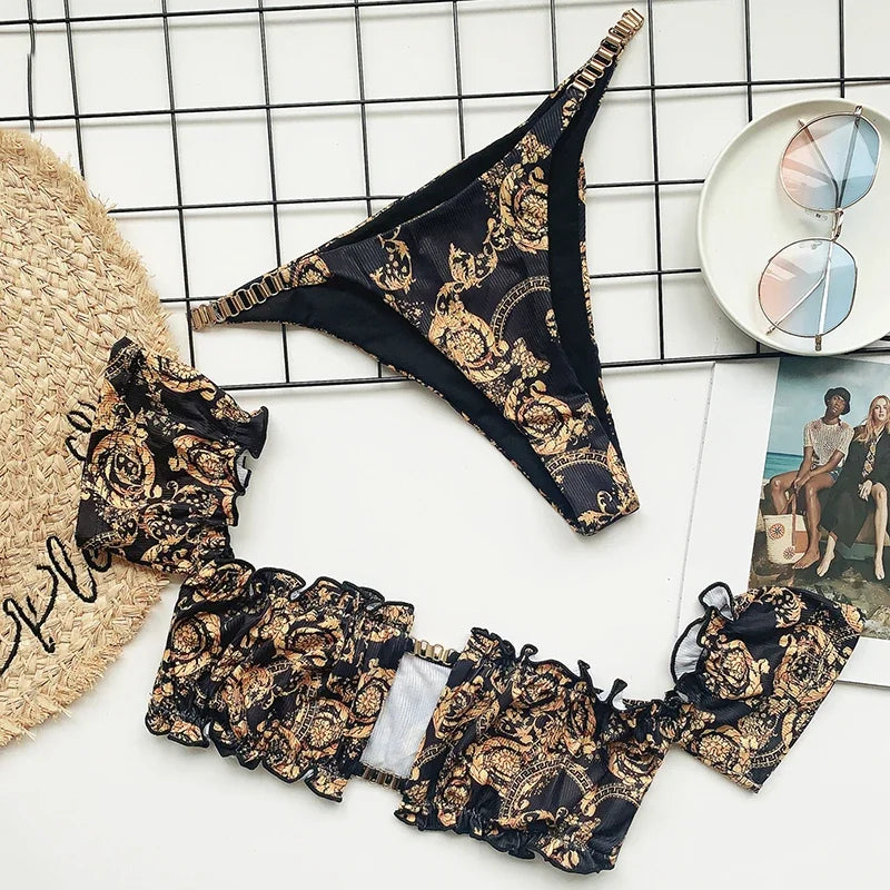 Ruffled Frilled Off Shoulder Bikini Women Swimsuit Female Swimwear Two Pieces Bikini Set Bandeau Bather Bathing Suit Swim Lady