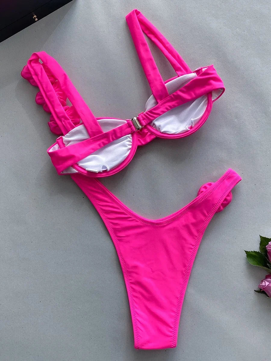 3D Flowers Underwired Brazilian Bikini Women Thong Swimwear Female Swimsuit Two-pieces Bikini Set Push Up Bathing Suit Swim