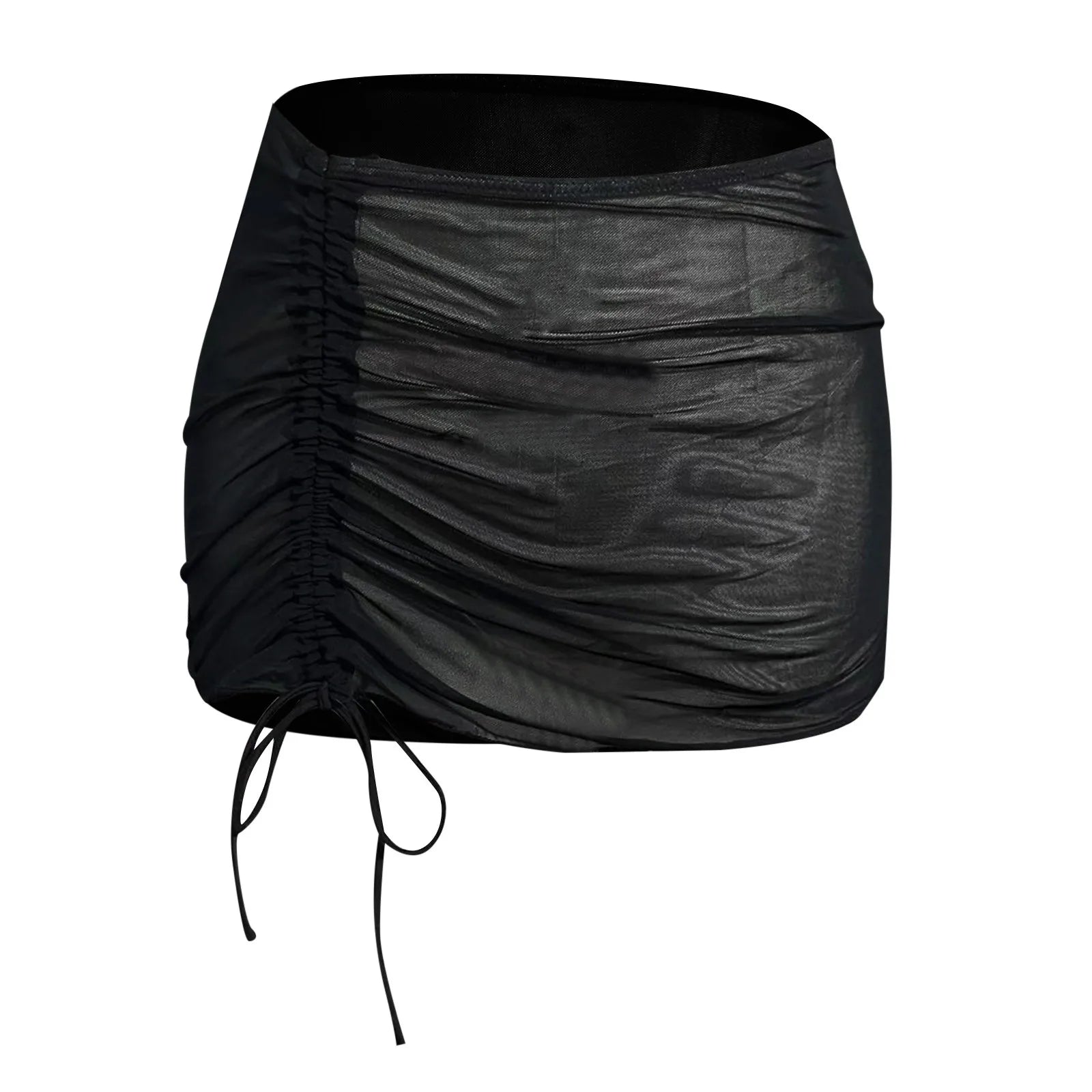 Women Black Mesh Ruched Drawstring Skirt Sheer Bodycon Beach Cover Up Adjustable Side Tie Sarong Swimwear Sexy See Through Skirt