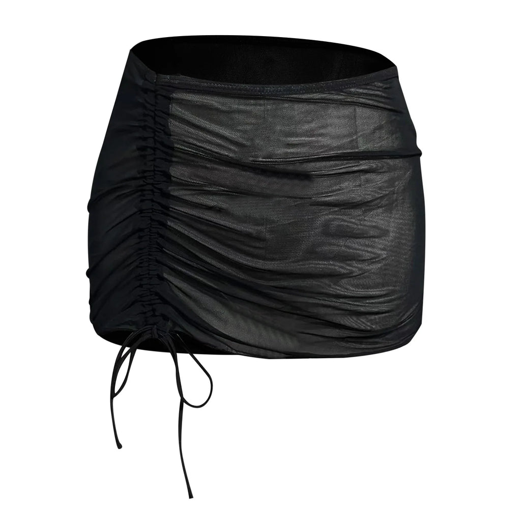 Women Black Mesh Ruched Drawstring Skirt Sheer Bodycon Beach Cover Up Adjustable Side Tie Sarong Swimwear Sexy See Through Skirt