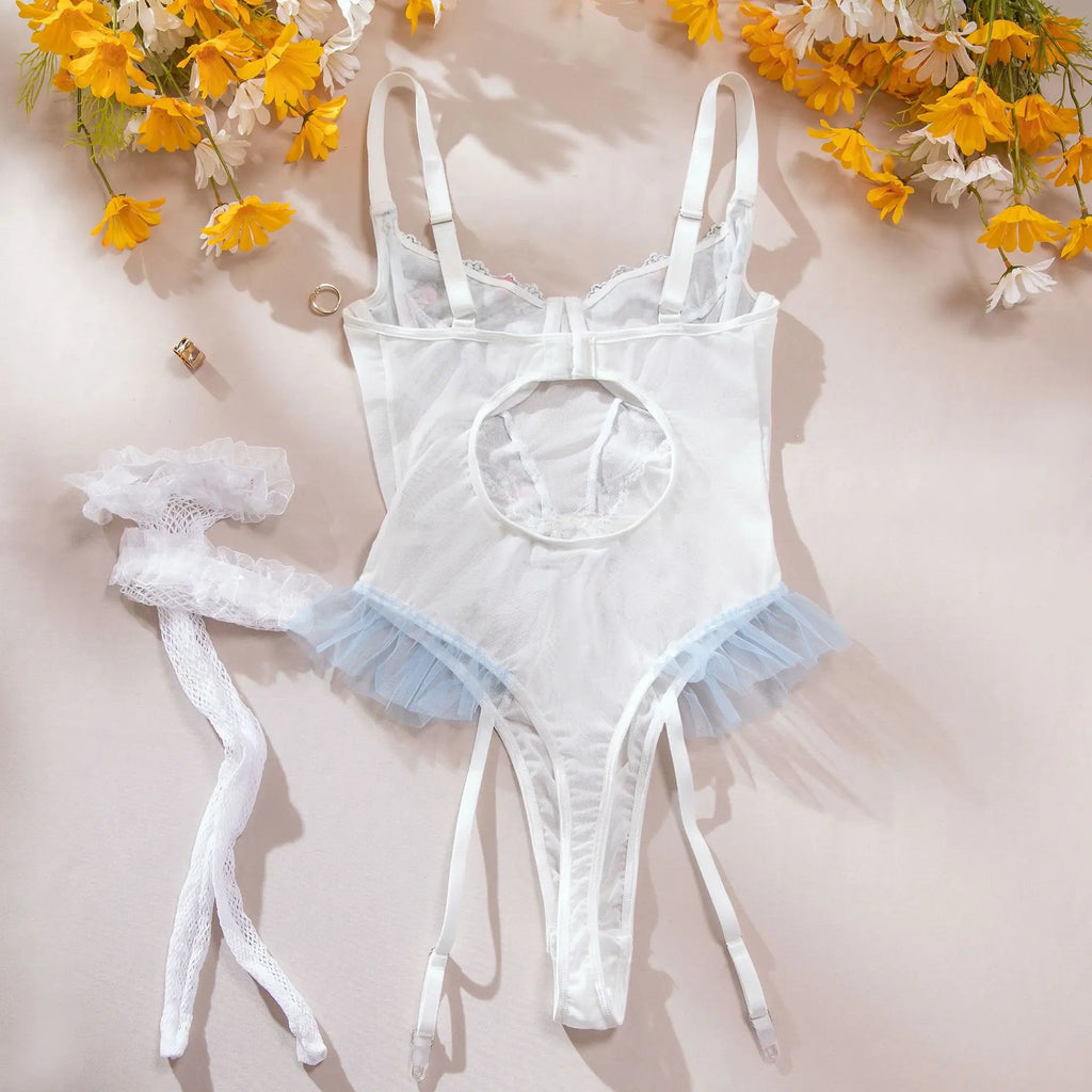 Toucheart Women Sexy Bodysuit Lace Printing See-through Skinny Plunge Romantic Hot Girls Interesting Leisure Sling Jumpsuit Set