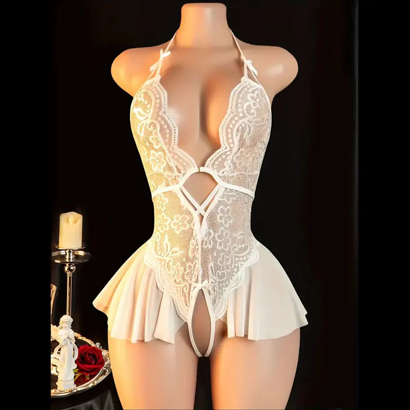 Sexy Crotchless Lingerie For Hot Adult Women White Front Buckle Bra Neck Erotic Babydoll Costume Open Night Dress Porn Underwear