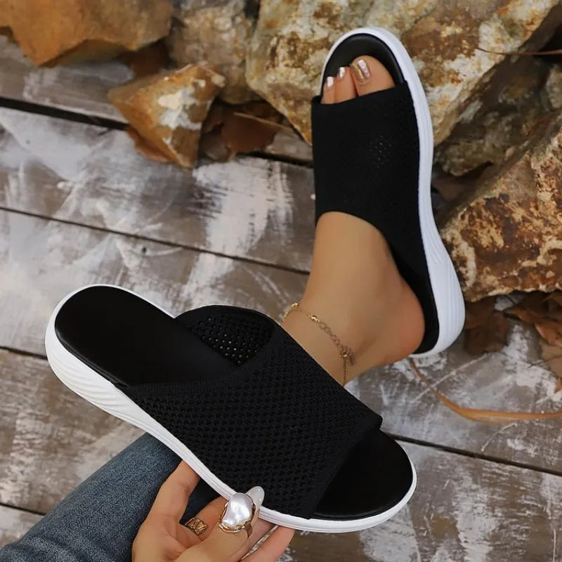 Women's Knitted Breathable Mesh Slide Sandals Soft Flat Sandals with Open Toe Platform Non-Slip Light Casual