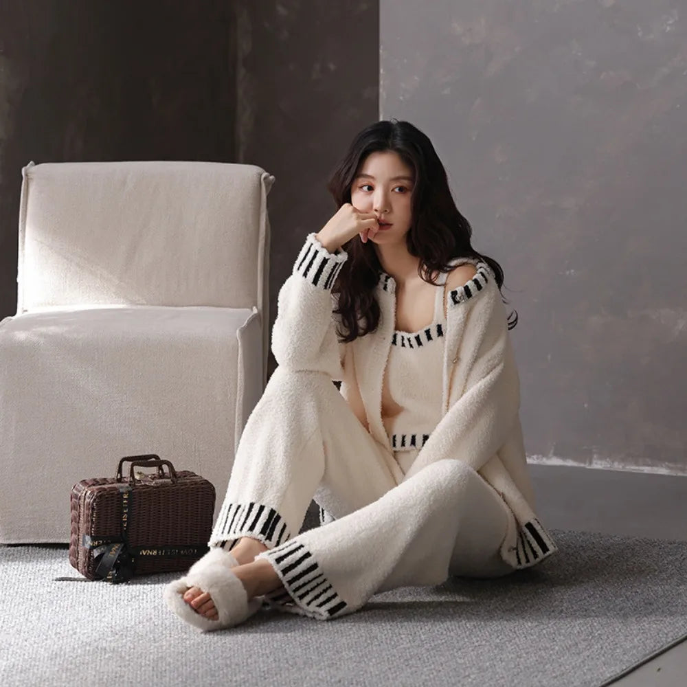 Women's Autumn and Winter Pajamas 3-Piece Set Soft and Half Velvet Thickened and Warm