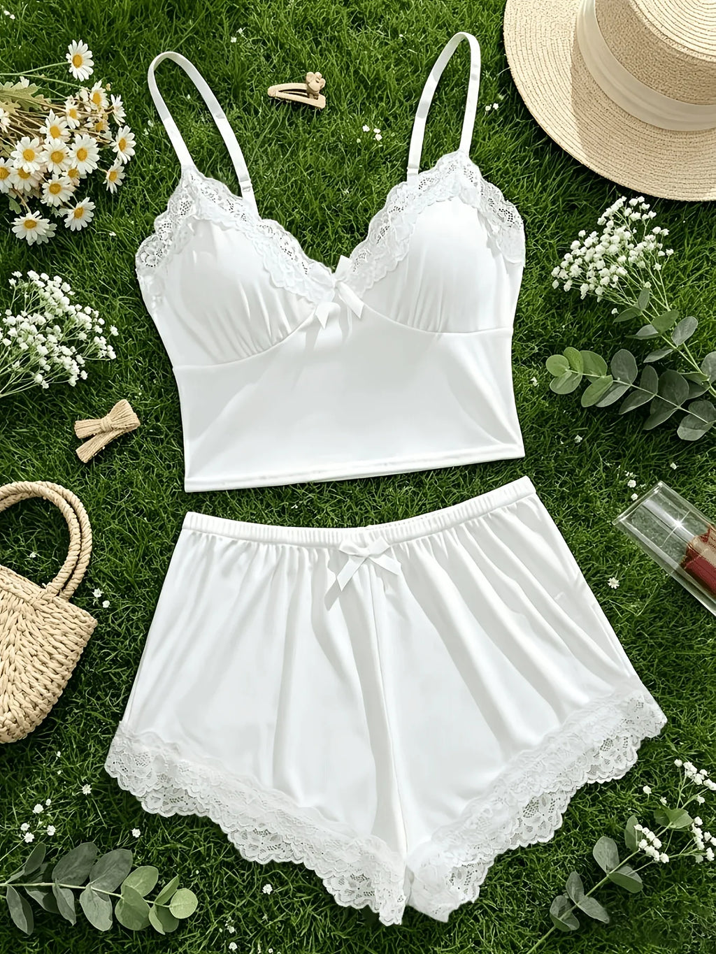 Women Sleepwear 2pcs Floral Contrast Lace Pajama Set V Neck Solid Color Bow Top & Shorts Suit Home Clothes Loungewear