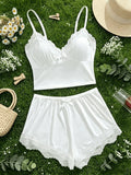 Women Sleepwear 2pcs Floral Contrast Lace Pajama Set V Neck Solid Color Bow Top & Shorts Suit Home Clothes Loungewear