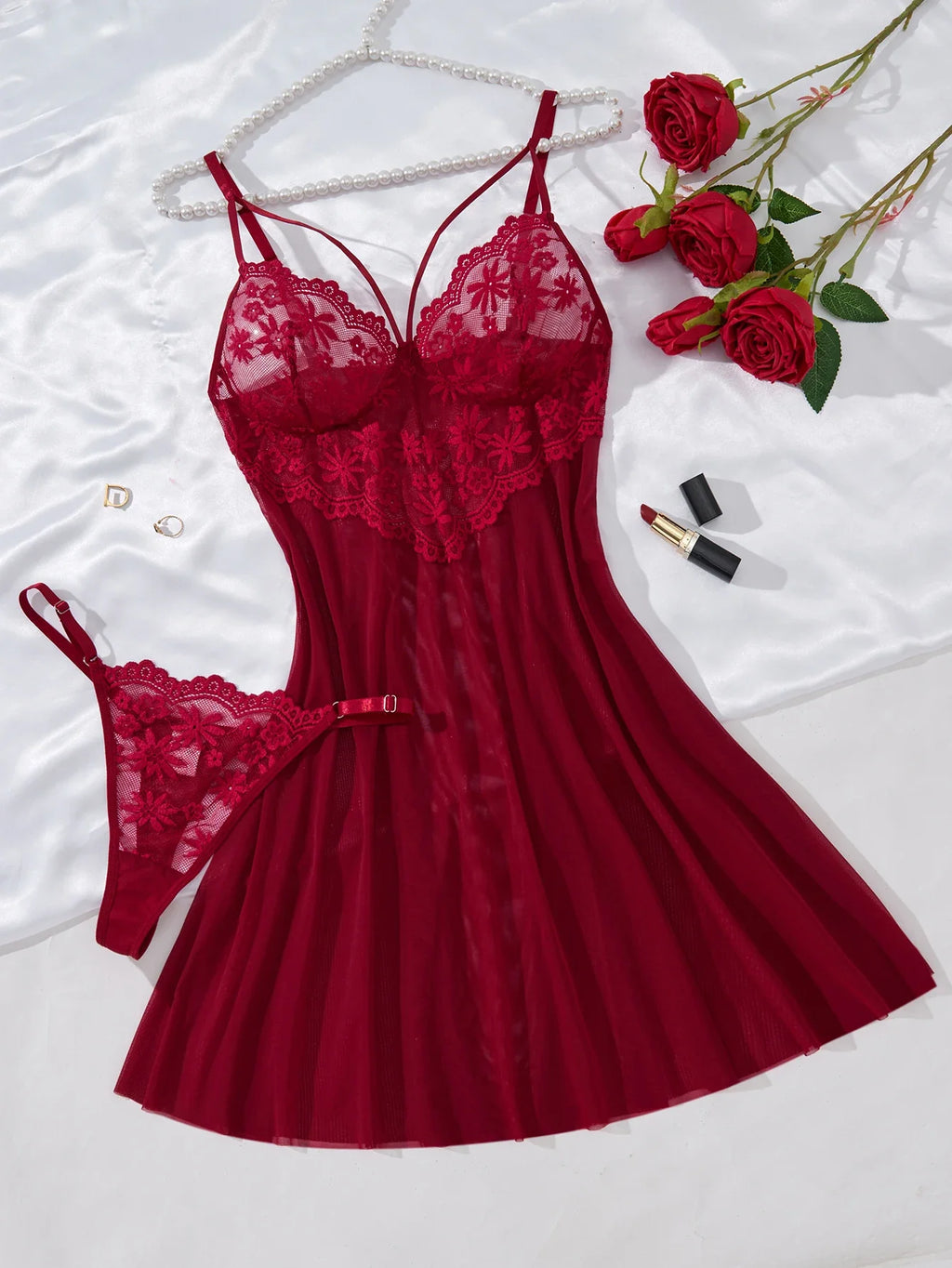 Lady's Wine-Red Rural-Style Wheat-Styled Embroidered Semi-Transparent Nightgown, Elegant and Comfortable, with Floral ZA825096