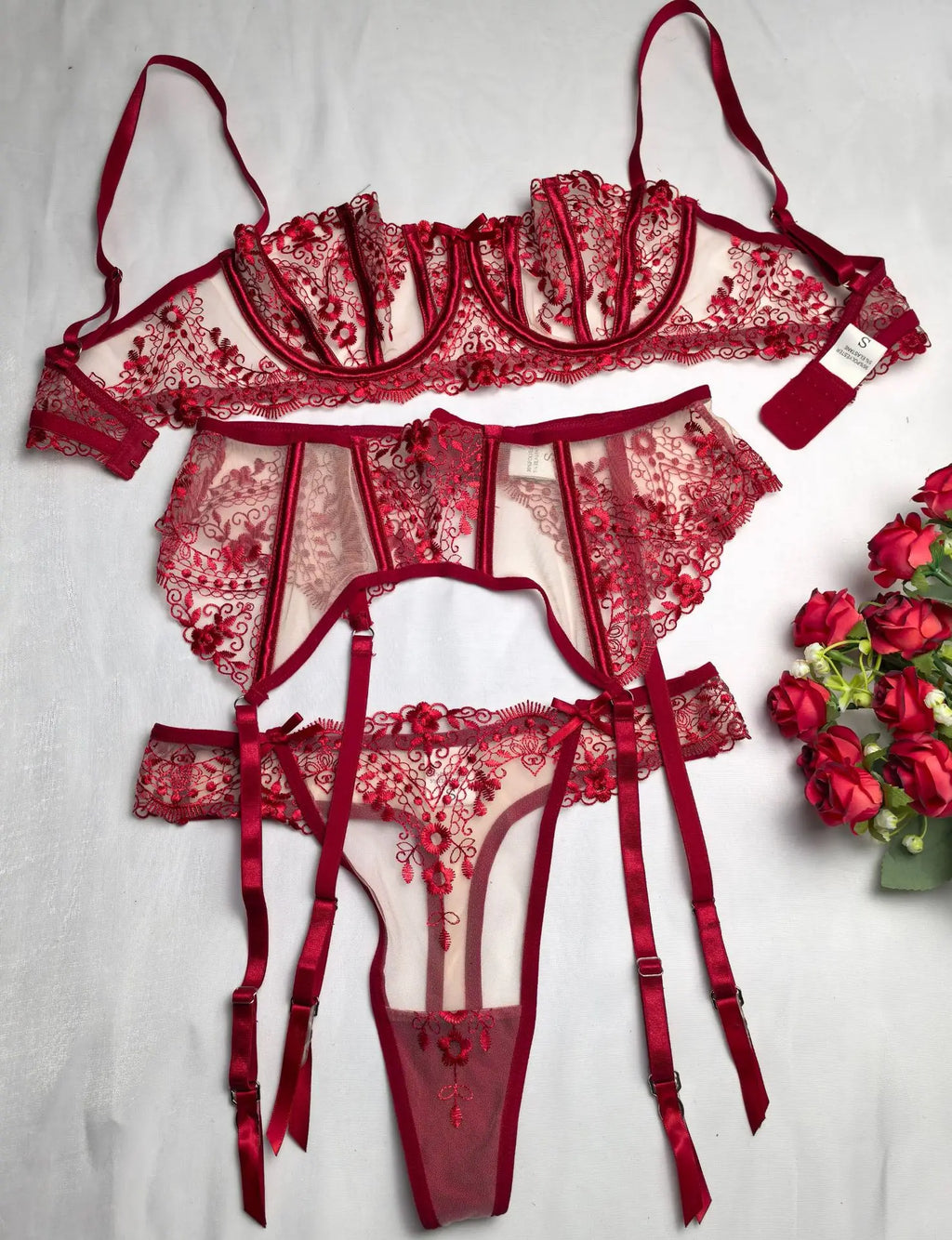 Women's New Floral Embroidered See-Through Mesh Lingerie 4-Piece Set - Sexy Underwear for Special Nights