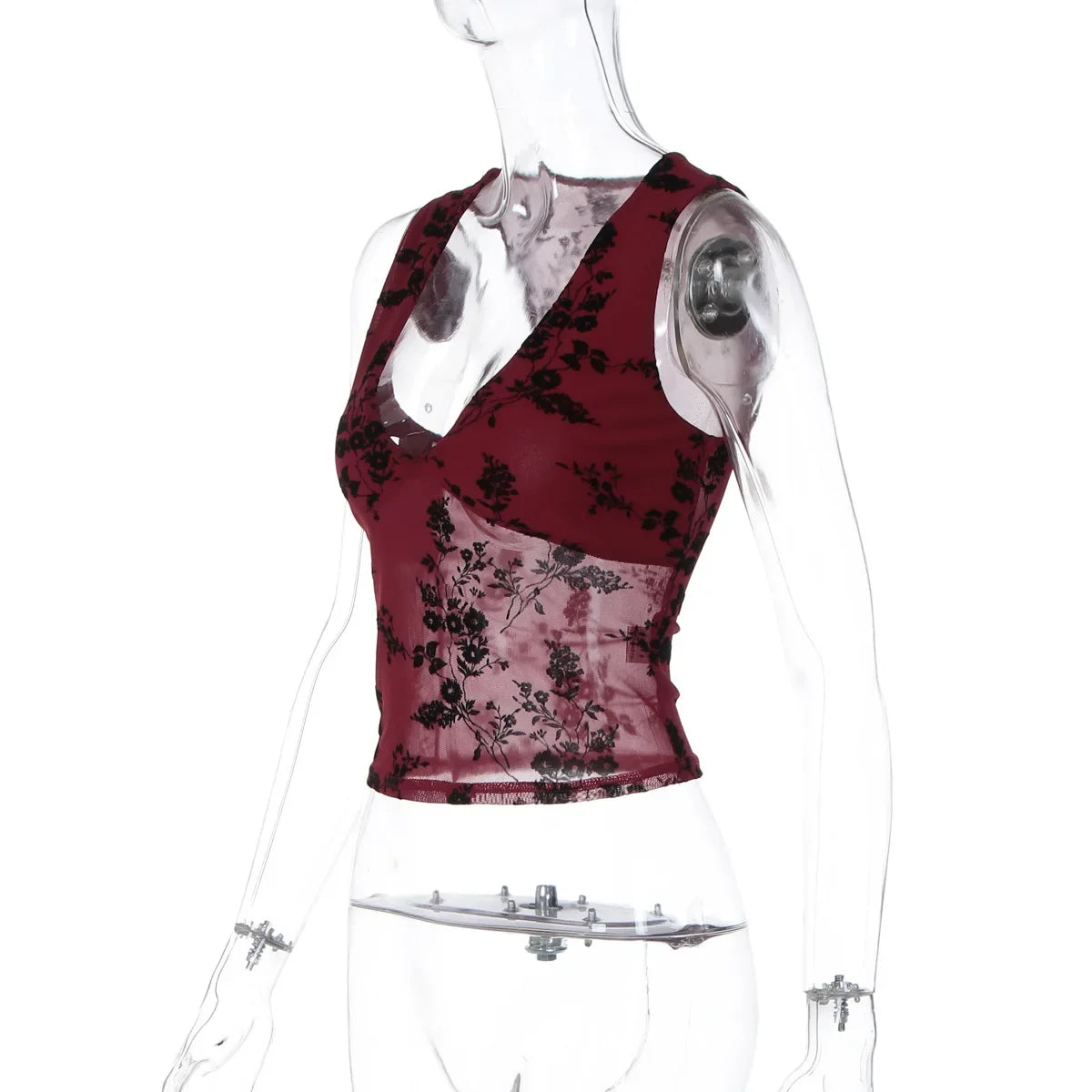 FDYOUI Sexy V-neck Floral Tank Tops for Women 2026 Summer Sleeveless T-shirt Ladies See-through Mesh Corset Top Black Wine Red