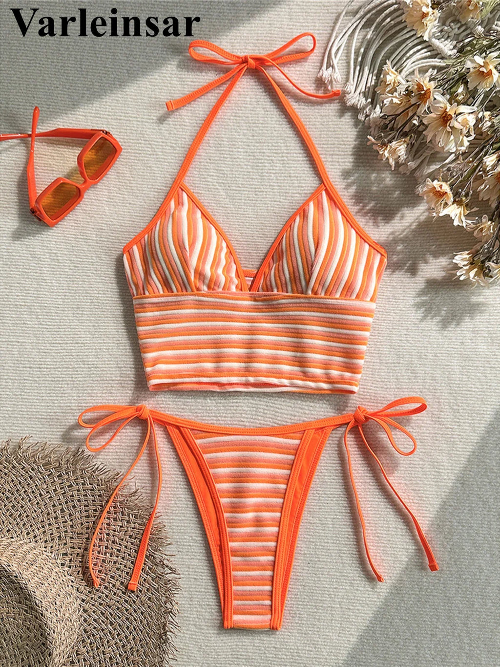 Striped Halter Tankini V Neck Bikini Women Swimwear Female Swimsuit Two-Pieces Bikini Set Padded Bather Bathing Suit Swim V8385