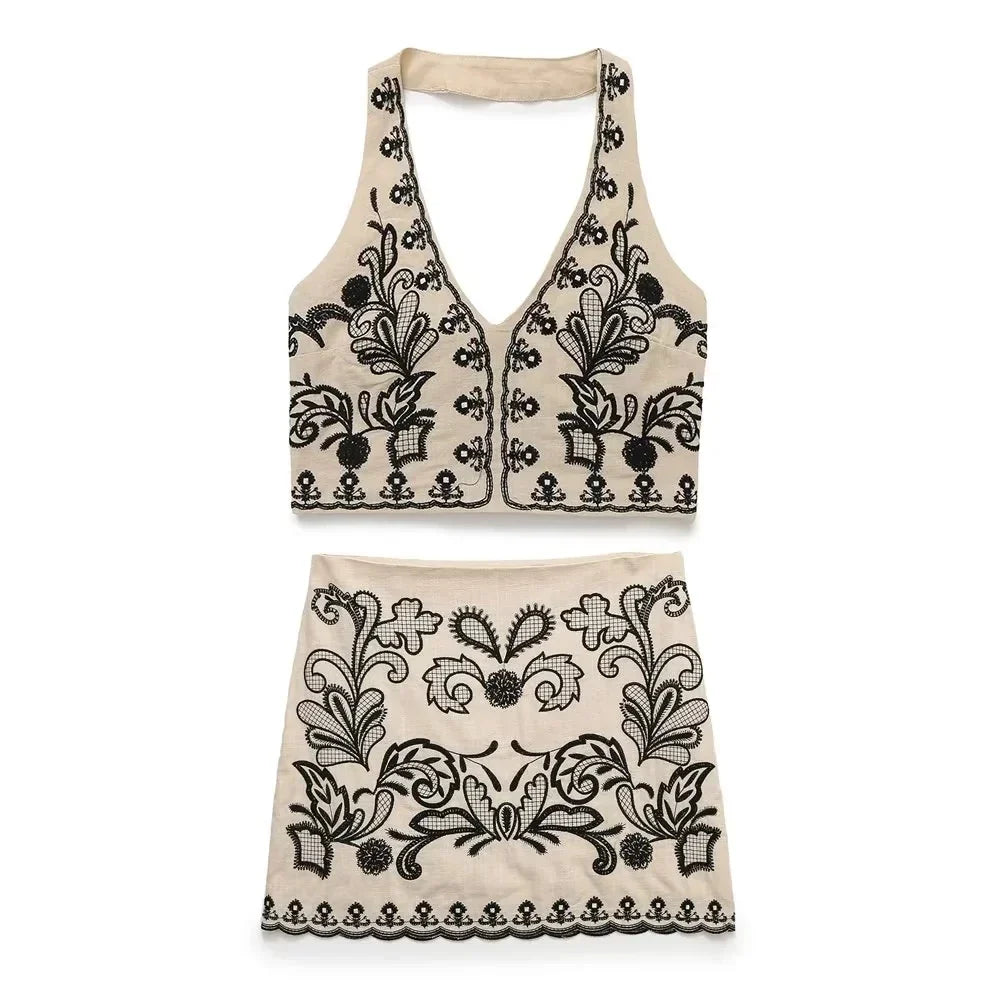 Foridol Floral Embroidery Summer Women Set Crop Top+mini Skirt Matching Set Casual Chic Halter Dress Set 2 Pcs Outfits Beach