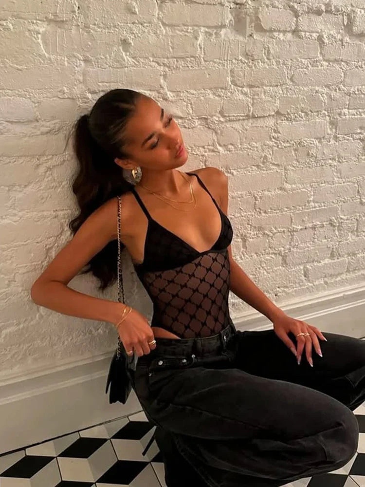 Ahagaga Sexy Club Women's Bodysuits Solid See Through Skinny Camisole Blackless Slim Fit V-Neck Mesh Sleeveless Streetwear Tops