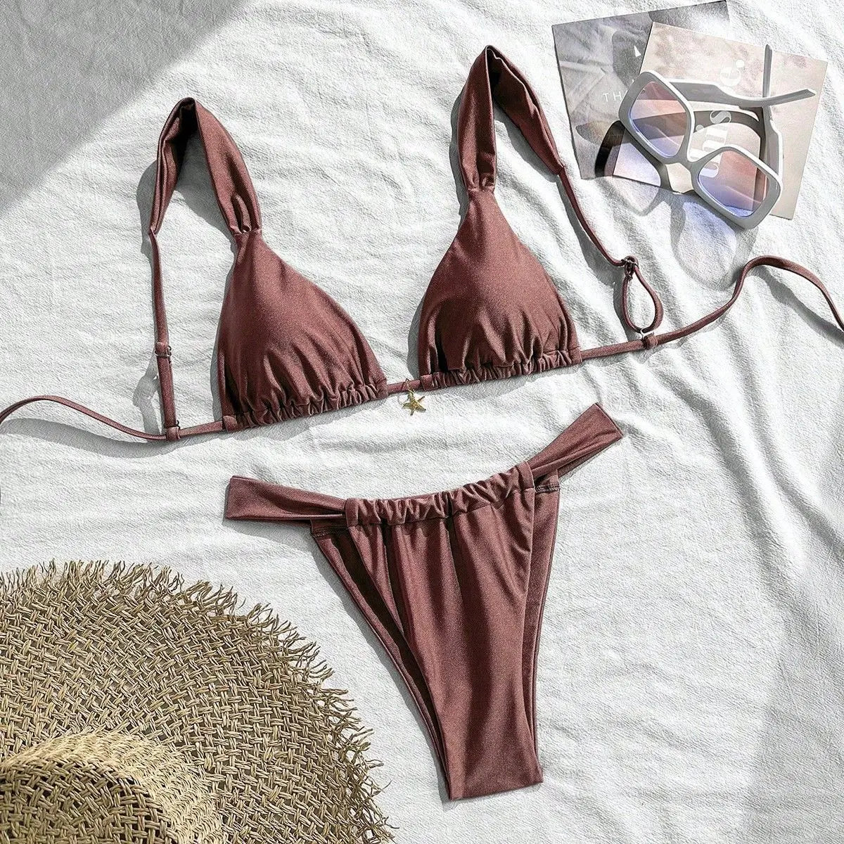 Sexy Starfish Ornament Bikini Set 2026 Women Sky Blue Pleate Push Up Bra Pleate Thong Swimwear Beach Bathing Suit Micro Swimsuit