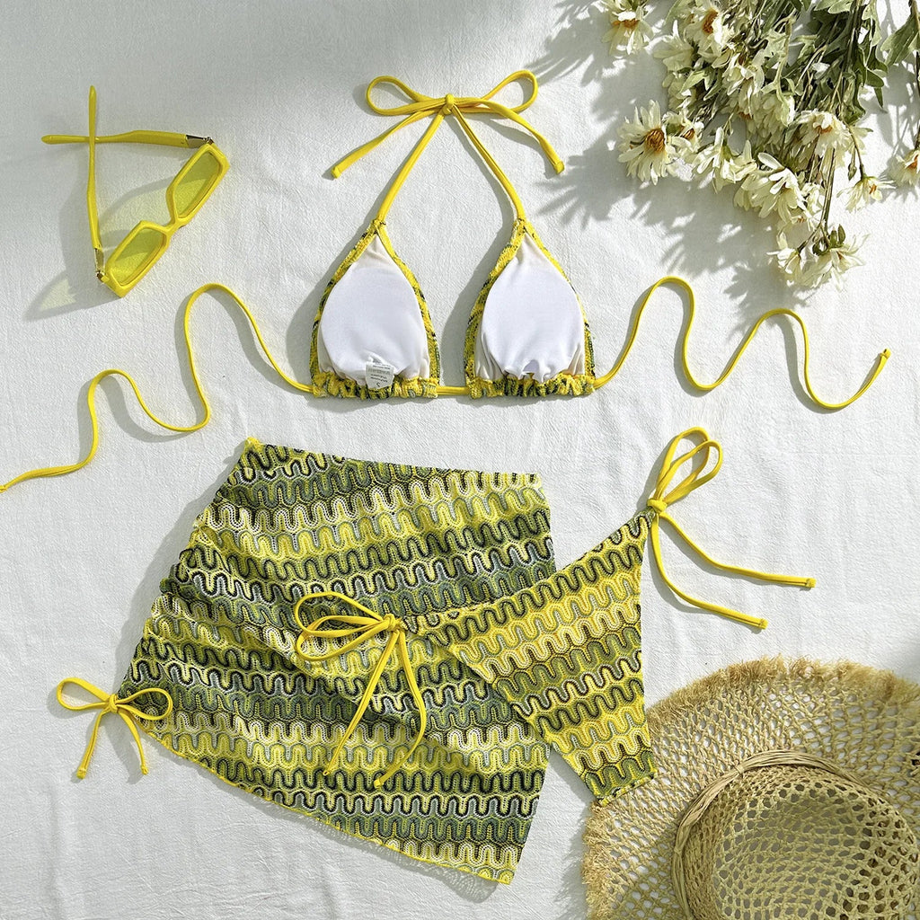Sexy Drawstring Side Skirt 3 Piece Bikini Set Women Orange Striped Embroidered Print Swimwear High Waist Bathing Suit Swimsuit