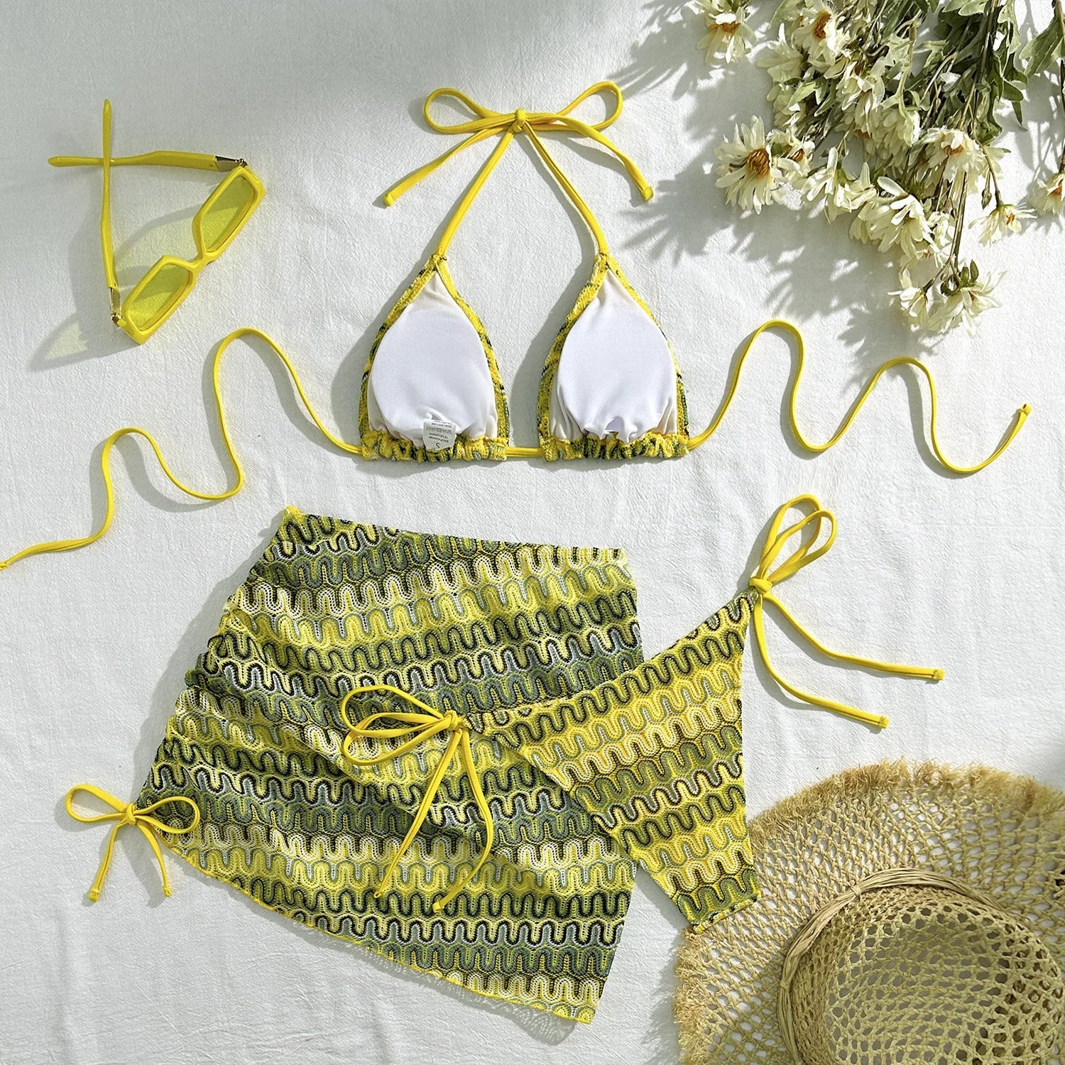Sexy Drawstring Side Skirt 3 Piece Bikini Set Women Orange Striped Embroidered Print Swimwear High Waist Bathing Suit Swimsuit