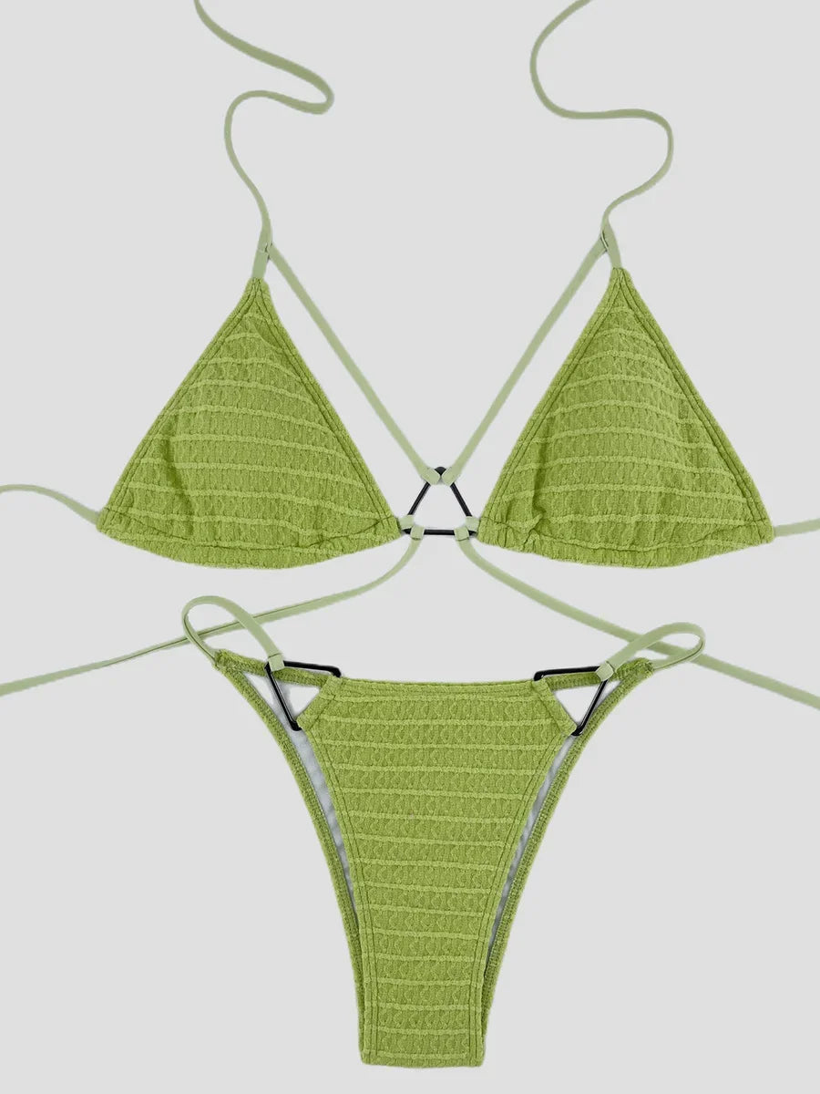 Sexy Wrinkled Halter High Cut Bikini Female Swimsuit Women Swimwear Two-pieces Bikini set Hollow Out Bather Bathing Suit Swim