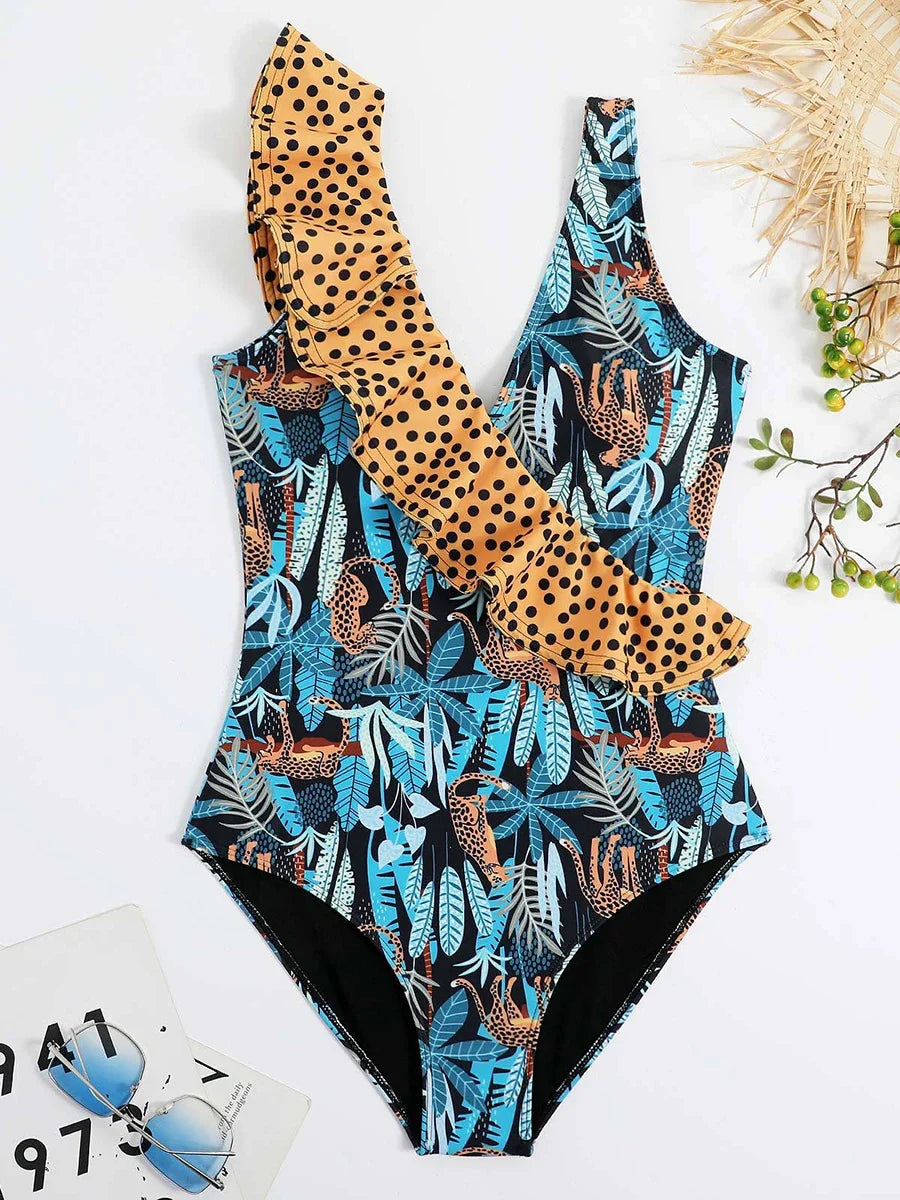 2026 Leopard Printed One Piece Swimsuit Ruffle Swimwear Women Padded Bathing Swimming Suit Female Summer Bodysuit