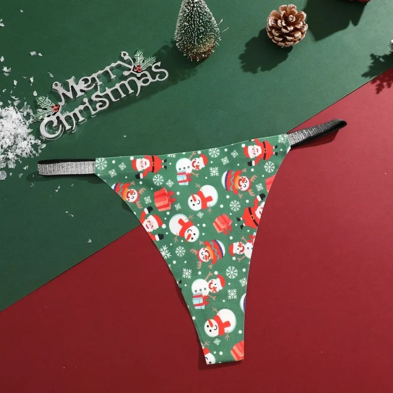 4Pcs Christmas Print Underwear Breathable Shiny Belt Thong Women Skin-friendly Fashionable Casual Christmas Gifts