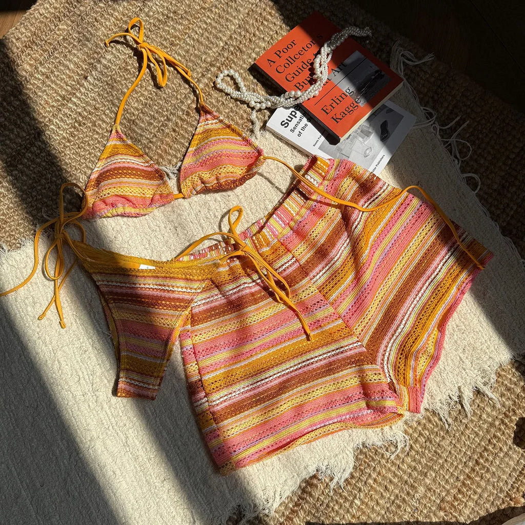 Striped Halter High Cut With Shorts Bikini Three-pieces Bikini set Female Swimsuit Bathing Suit Women Swimwear Bather Swim V6326