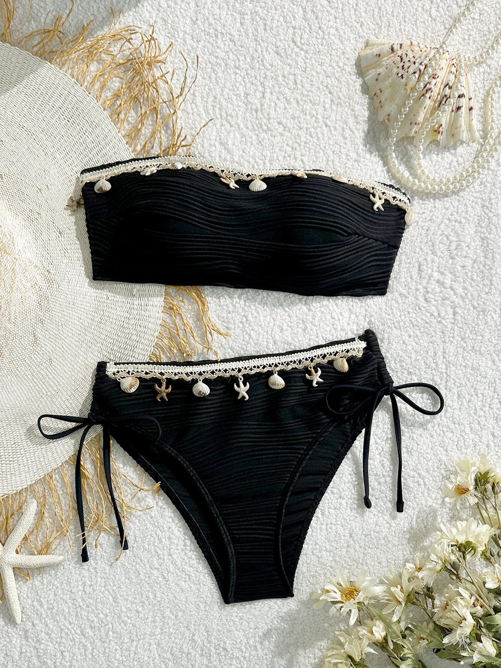 Sexy Bandeau Bikini Set 2025 Women Black Shell Starfish Push Up Drawstring Side High Waist Swimsuit Beach Bathing Suit Swimwear