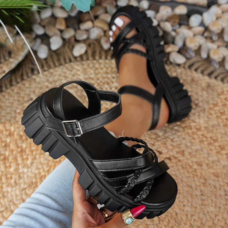Fashion Woven Strap Platform Sandles Women Pu Leather Ankle Buckle Thick Bottom Sandals Woman Plus Size 43 Gladiator Sandalias