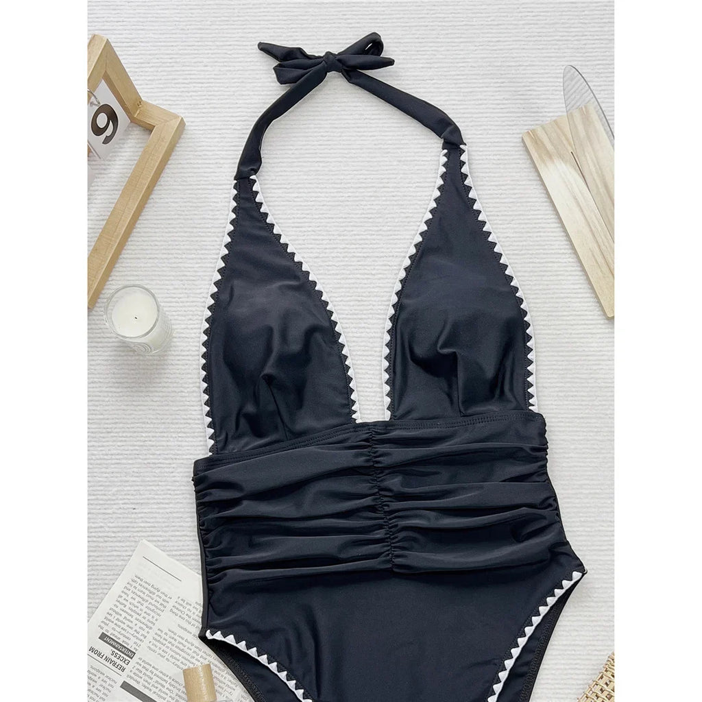 V Neck Halter Wrinkled Women Swimwear One Piece Swimsuit Female High Leg Cut Backless Monokini Bather Bathing Suit Swim V5878