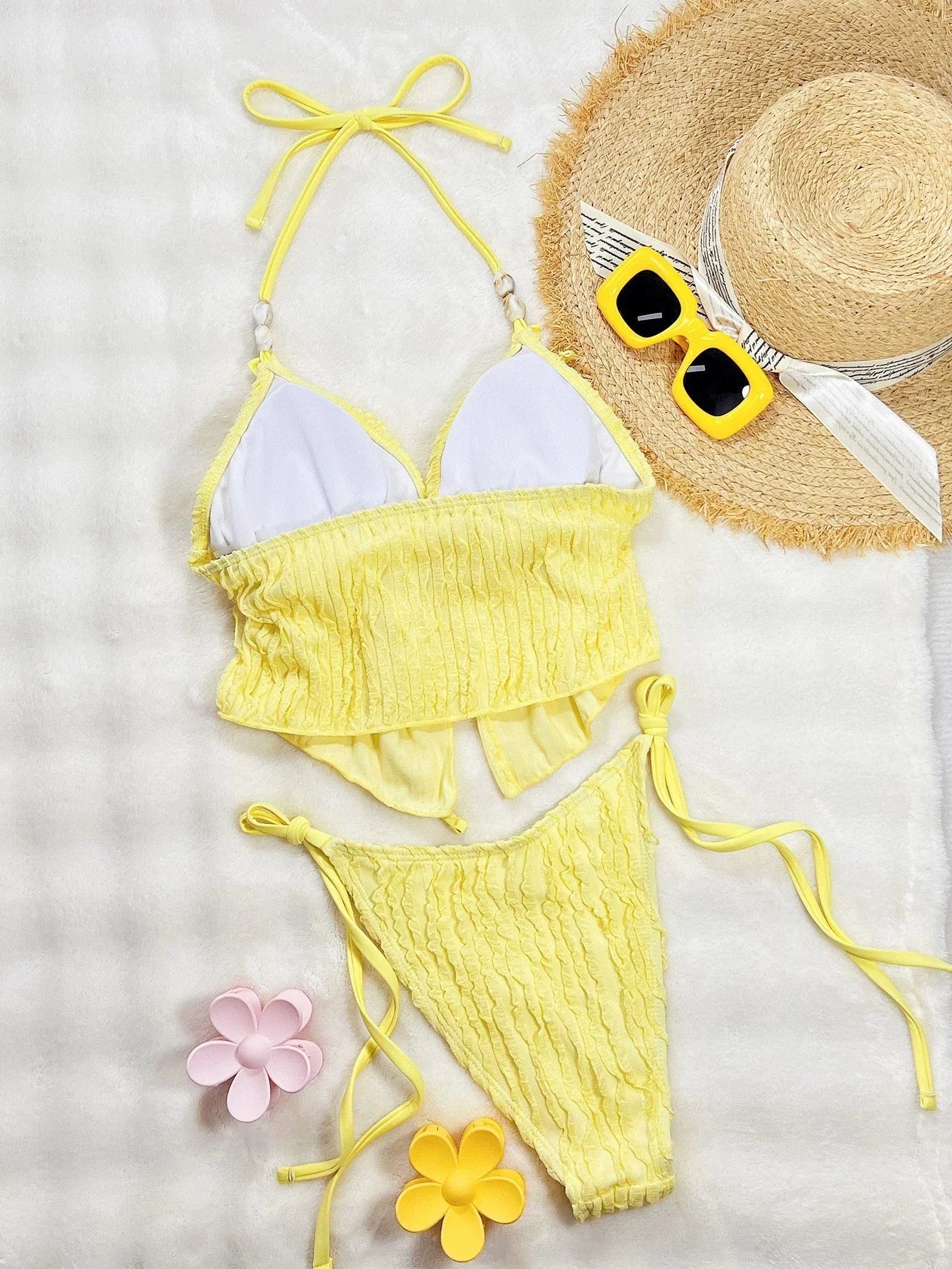 DEKA Yellow Triangle Vest Bikini Set Women String Halter Thong Sexy Swimsuit Heart Bead Swimwear Bathing Suit Lace up Bikinis