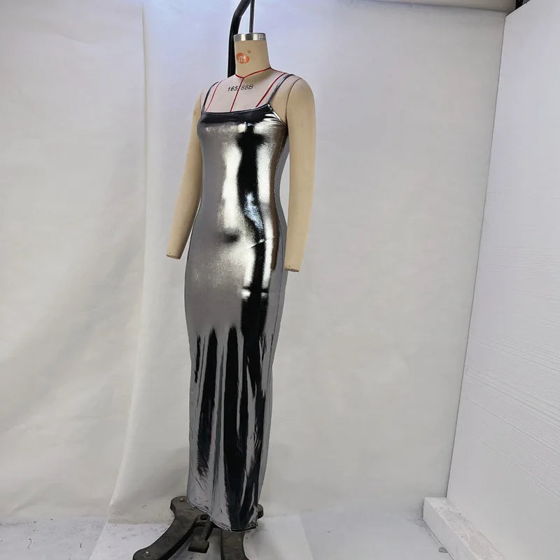 Faux Leather Slim Spaghetti Strap Dress For Women Strap Long Dresses Package Hip Bodycon Sexy Low Cut Party Evening Vestidos