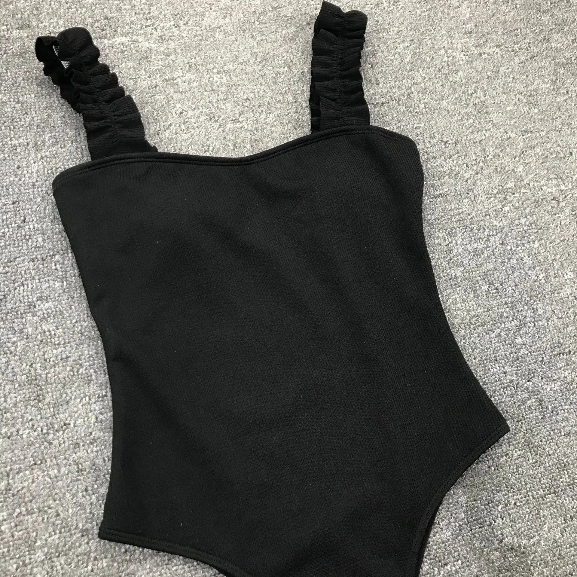 2023 Vintage Swimsuit Women One Piece Ruffle Strap Swimwear Female Push Up Monokini Padded Beach Bathing Suits Black Bodysuits