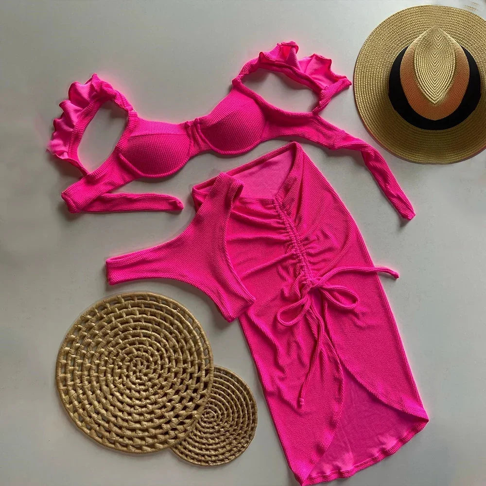 Micro 3 Pieces Bikini 2024 Sexy Ruffle Women Swimsuits Female Swimwear Bikini Set Brazilian Biquini Swimming Suit Beachwear