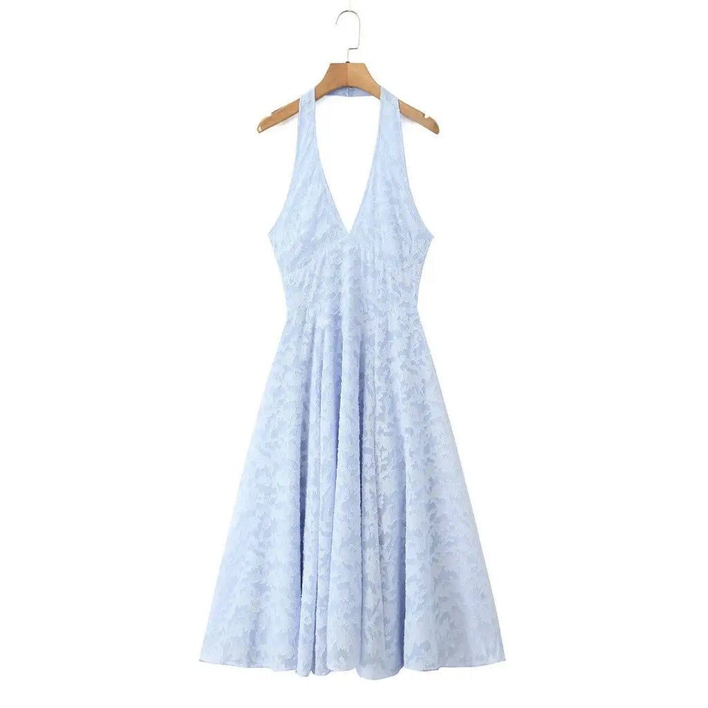 French Style Blue Jacquard Dress With French Vibe V-neck Backless Holiday Halter-neck Dress Niche Long Dress Pure Desire U633