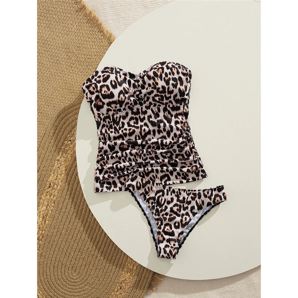 S - XL Leopard Tankini Bandeau Bikini Female Swimsuit Women Swimwear Two-Pieces Bikini Set Padded Bather Bathing Suit Swim V7524