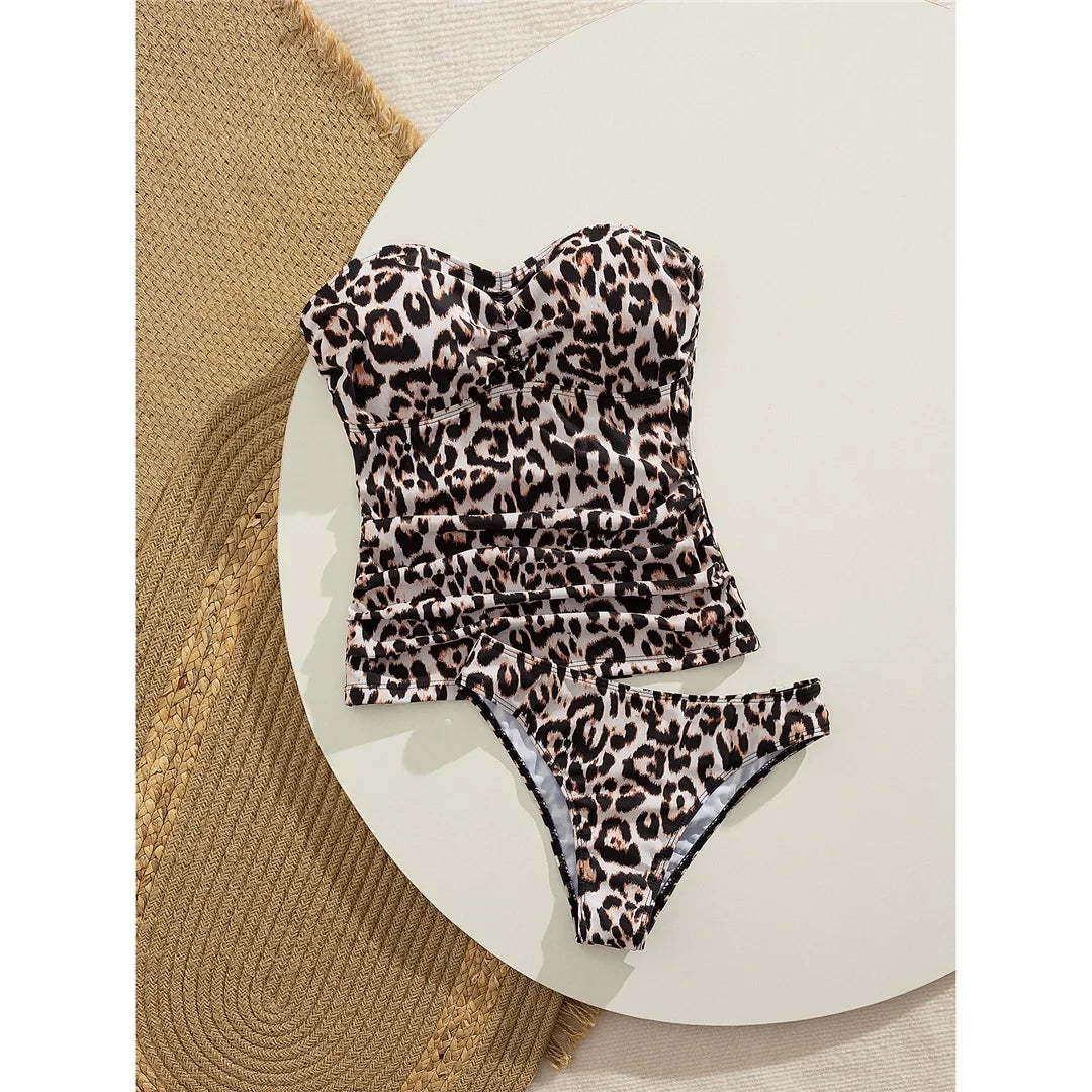 S - XL Leopard Tankini Bandeau Bikini Female Swimsuit Women Swimwear Two-Pieces Bikini Set Padded Bather Bathing Suit Swim V7524