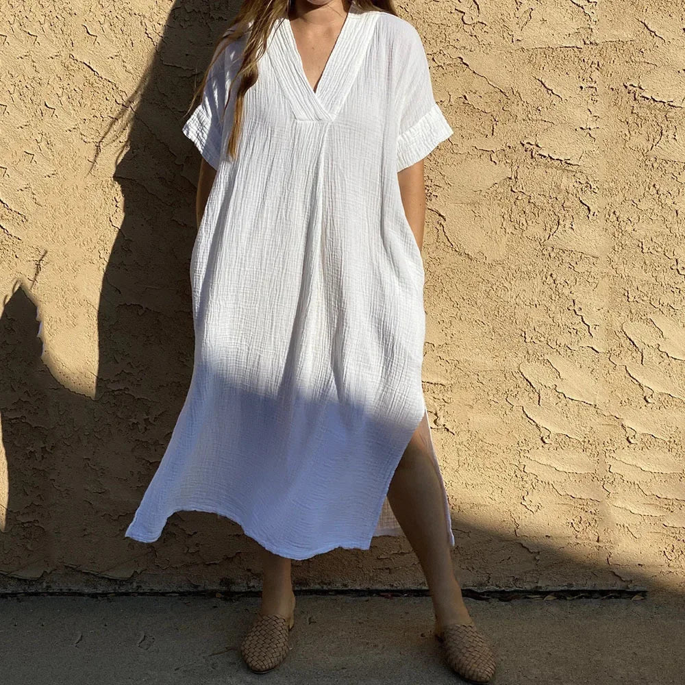 Beach Cover-ups for Women 2026 Solid Color Sexy V-neck Short Sleeve Loose Long Robe Dress Sun Protection Beachwear PZMZ09