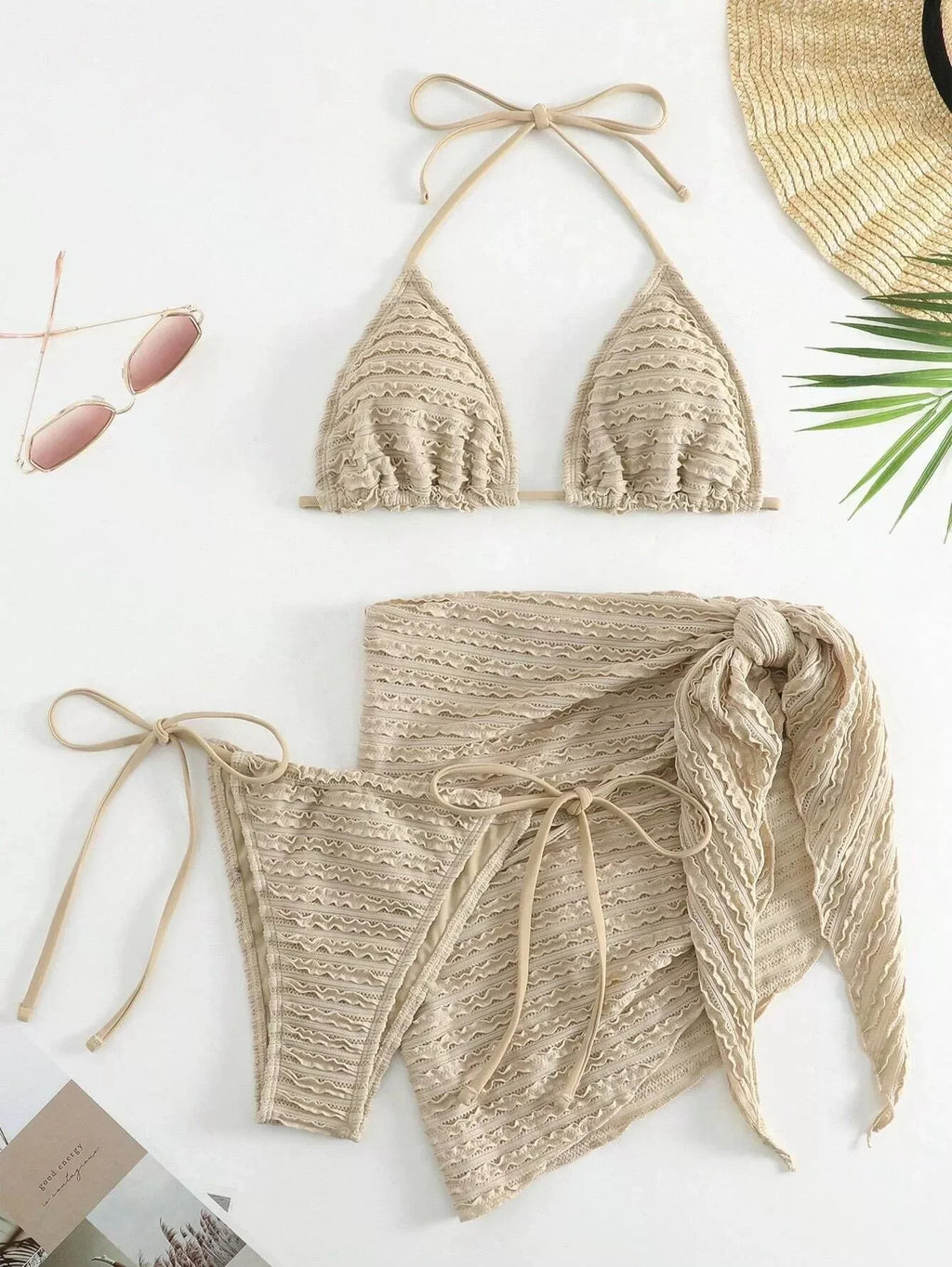DEKA Triangle Spliced Ruffles Bikini Set Bathing Suit Women Halter Bikini Push Up Bandage Cover Up Beachwear 3 Piece Swimsut