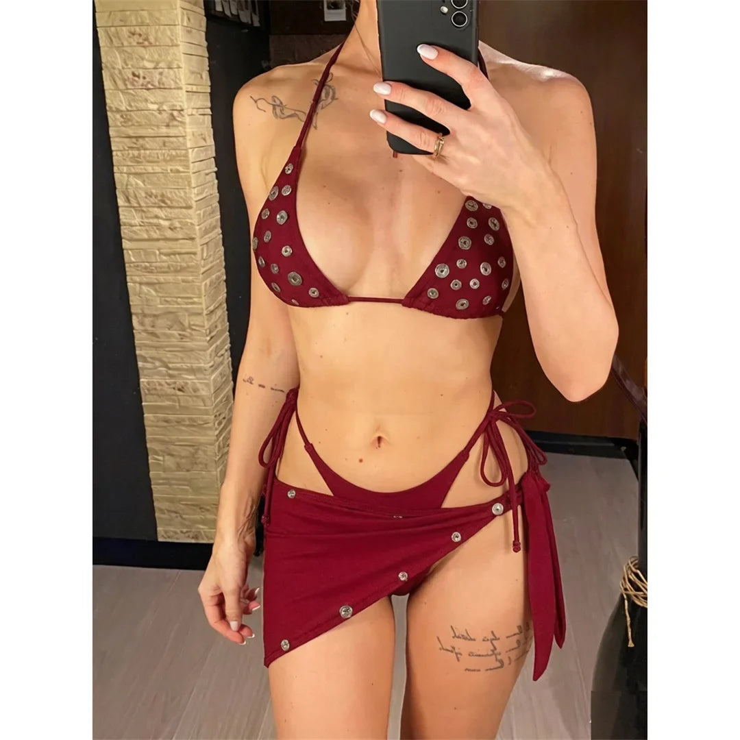 With Sarong Buttons Halter Bikini Female Swimsuit Women Swimwear Three-Pieces Bikini Set Padded Bather Bathing Suit Swim V8307