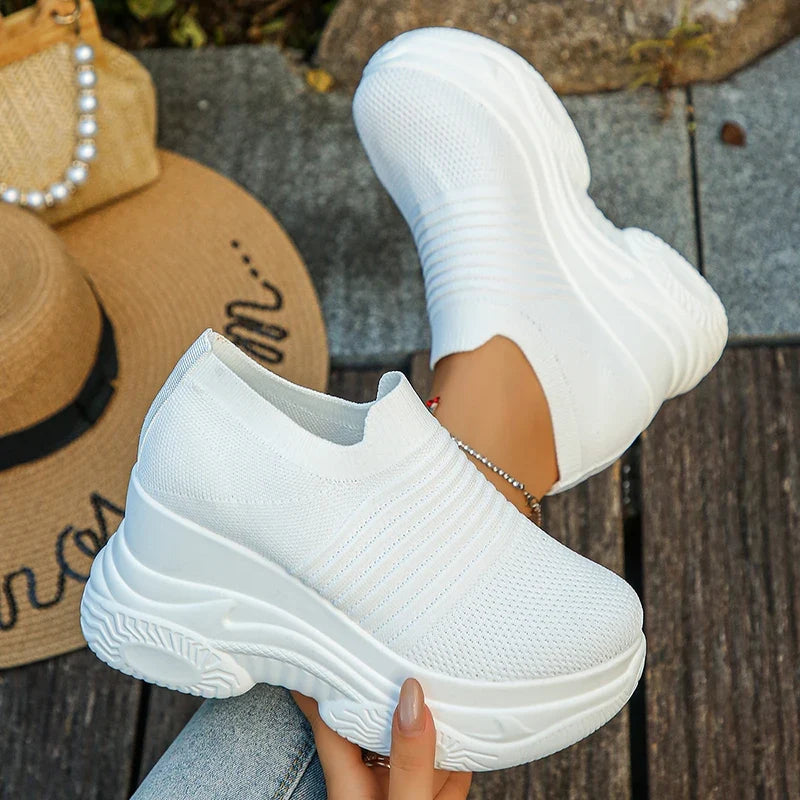Breathable Mesh Chunky Platform Sneakers Women Plus Size 42 Thick Bottom Sport Shoes Woman Black White Knitting Walking Shoes