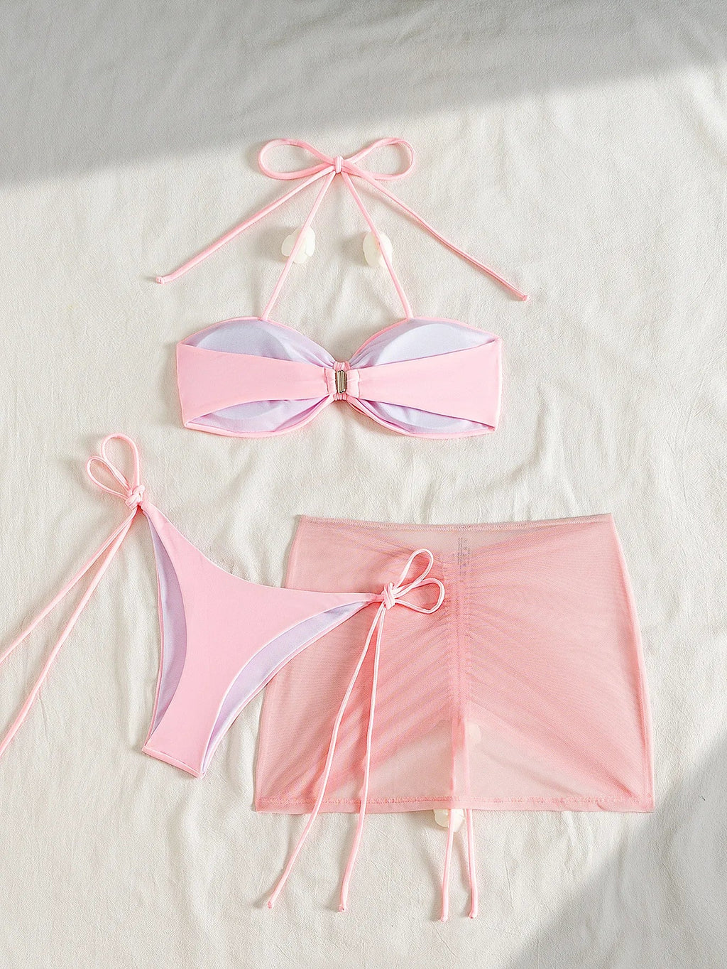 3D flower front tie pink bikinis sets 3pcs with drawstring mesh mini skirt swimsuits bathing suit beach outfits biquini tankini