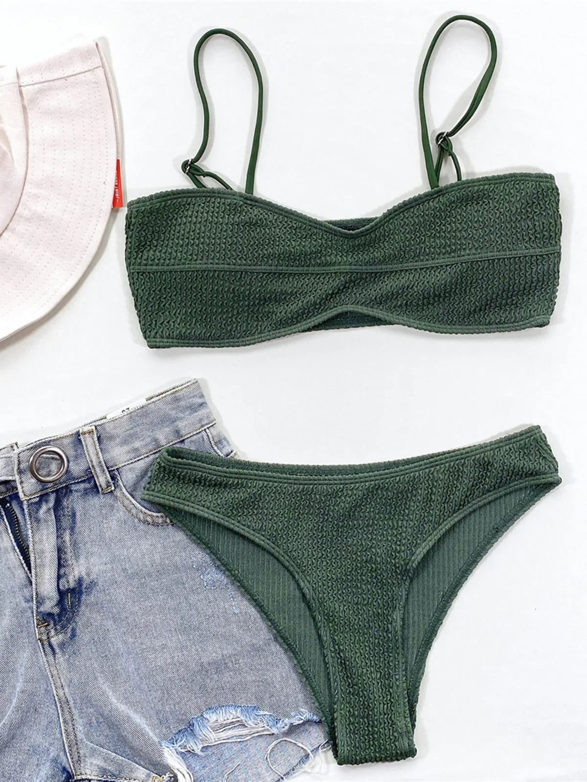 New Sexy Wrinkled Mid Waist Padded  Bikini Women Swimwear Female Swimsuit Two-Pieces Bikini Set Bather Bathing Suit Swim V3163