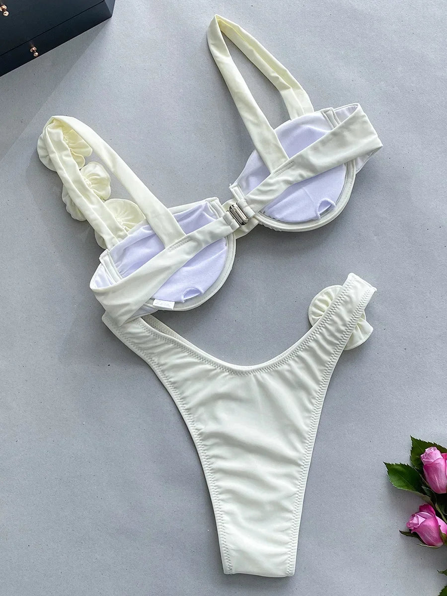 Sexy 3D Flowers Underwired Brazilian Bikini Women Swimwear Female Swimsuit Two-pieces Bikini Set Triangle Bathing Suit Swim Lady