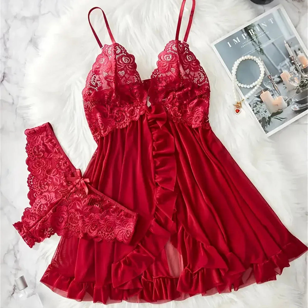 Elegant Transparent Red Lingerie Women's Underwear Sleepwear Lace Nightdress Panty Pijamas Sets Female Babydoll