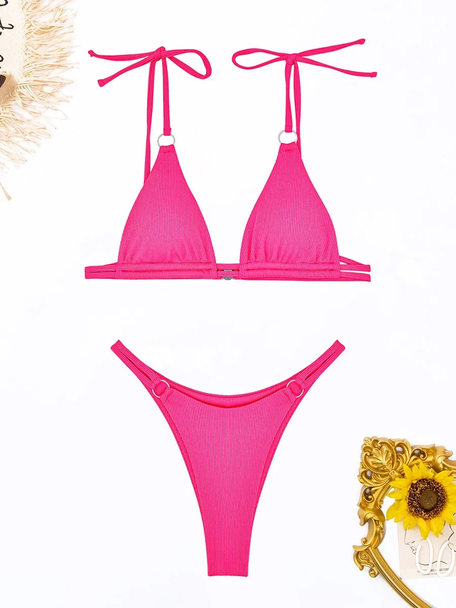 Ring Link Bikini 2025 Solid Sexy Swimsuit Women Padded Swimwear Female Bathers Bathing Swimming Swim Suit Beachwear