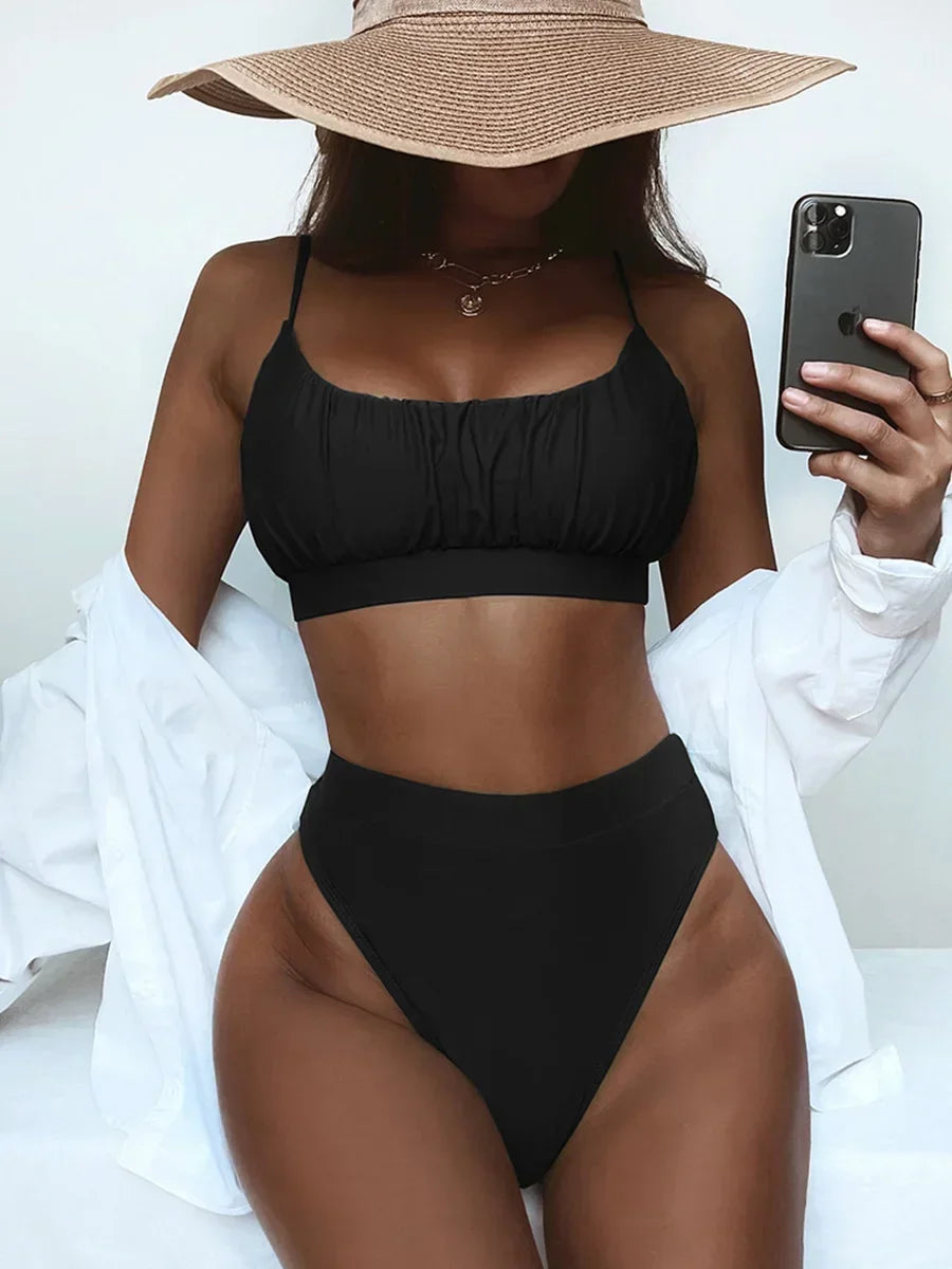 2025 Wrinkled Ruched High Waist Bikini Women Swimsuit Female Swimwear Two Pieces Bikini Set High Cut Bathing Suit Swim Beachwear