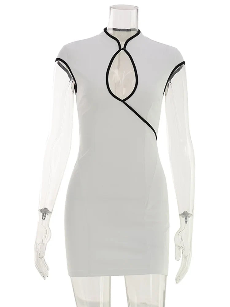 Ahagaga Dresses for Women Sexy Patchwork Hollow Out Cap Sleeve O Neck Sheath Bodycon Slim Casual Club Party Outfits Vestidos